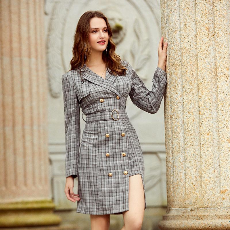 Elegant plaid double breasted belt women dress featuring a stylish design with a notched neckline and full sleeves, perfect for autumn wear.