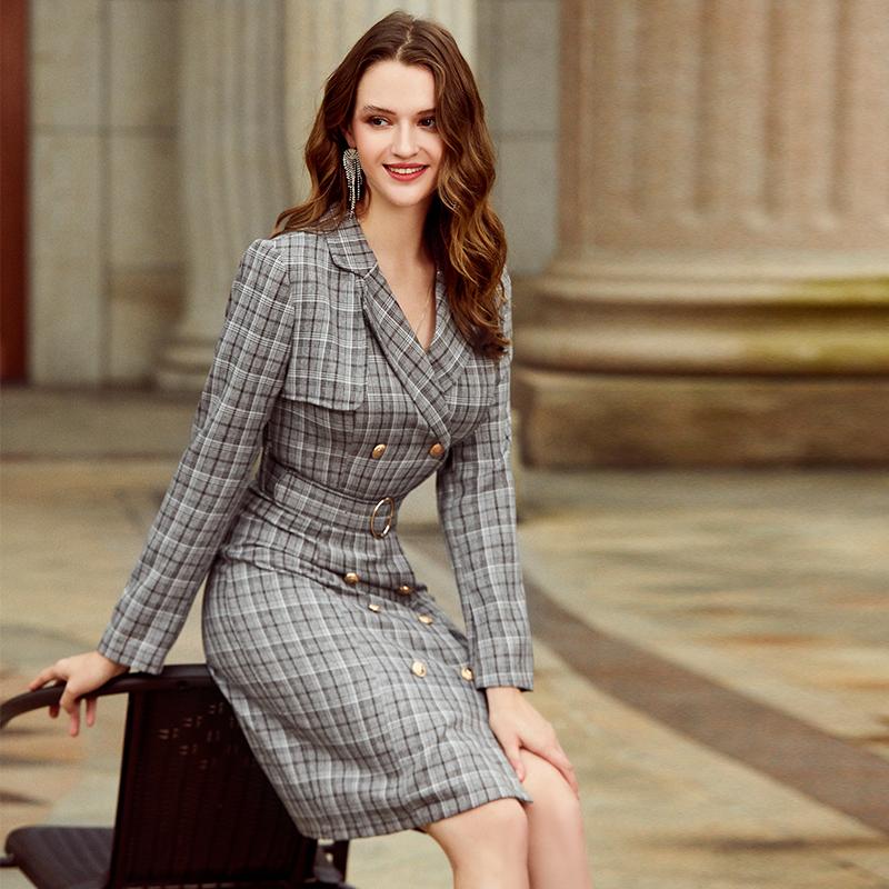 Elegant plaid double breasted belt women dress featuring a stylish design with a notched neckline and full sleeves, perfect for autumn wear.