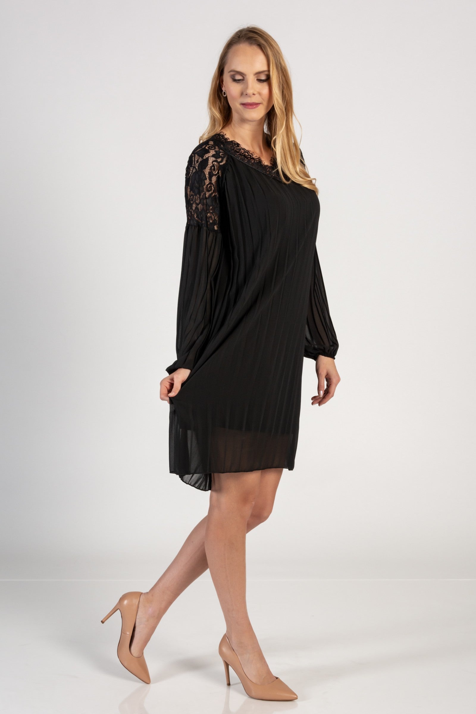 Elegant black pleated mini dress with lace inserts, featuring long loose sleeves and a 'V' neckline, perfect for various occasions.