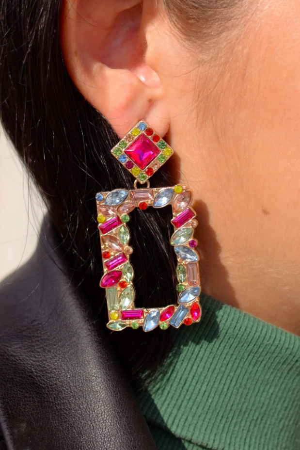 Elegant Rectangular Chandelier Earrings with multicolor rhinestones, showcasing a stylish design perfect for any occasion.