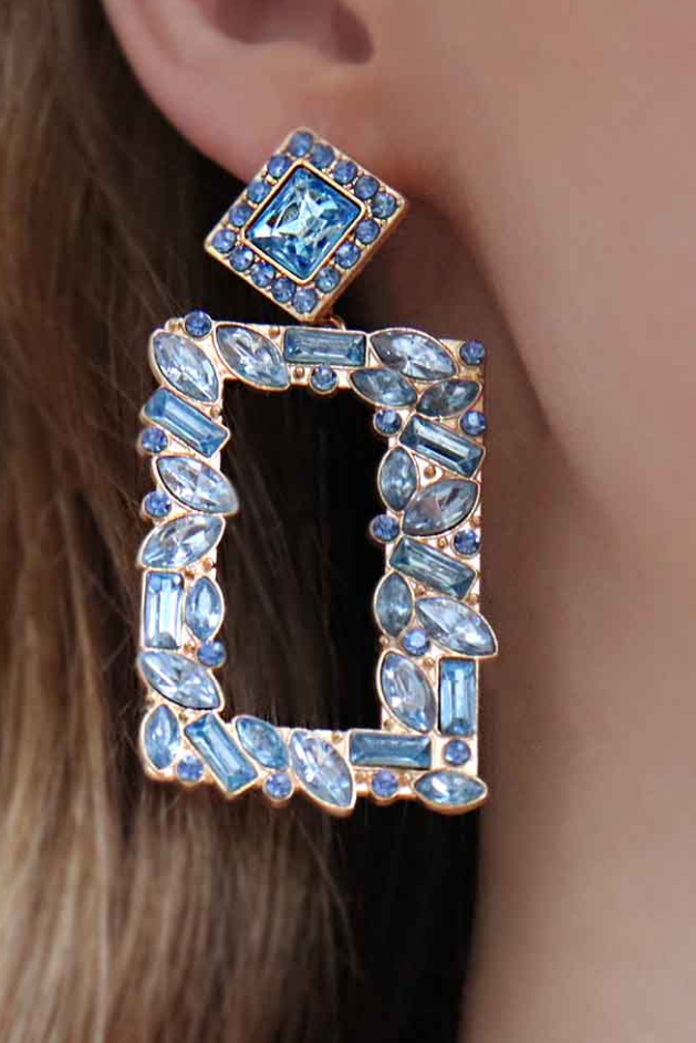 Elegant Rectangular Chandelier Earrings in blue with rhinestones, showcasing a modern design and sparkling details.