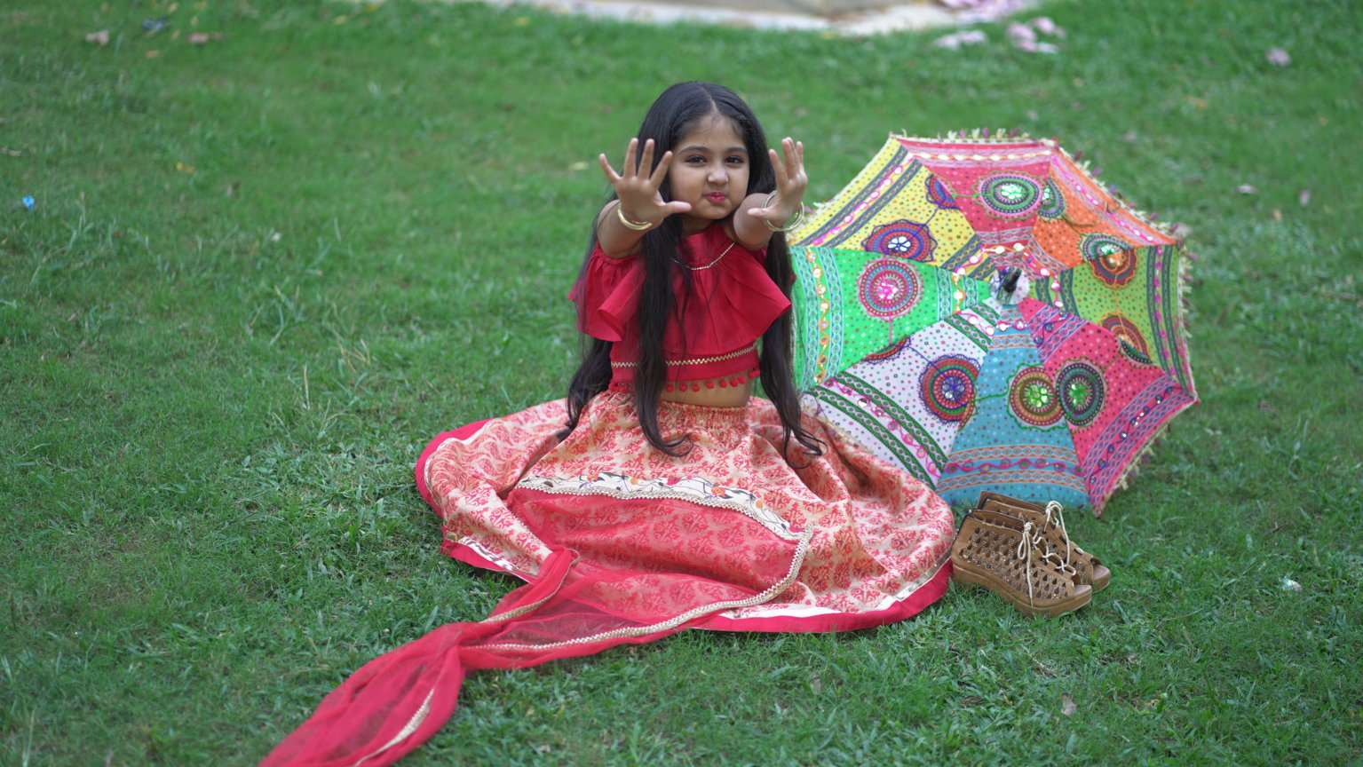 Elegant red Chanderi Lehenga Choli kids set featuring a soft fabric, relaxed fit lehenga, stylish choli, and matching dupatta.