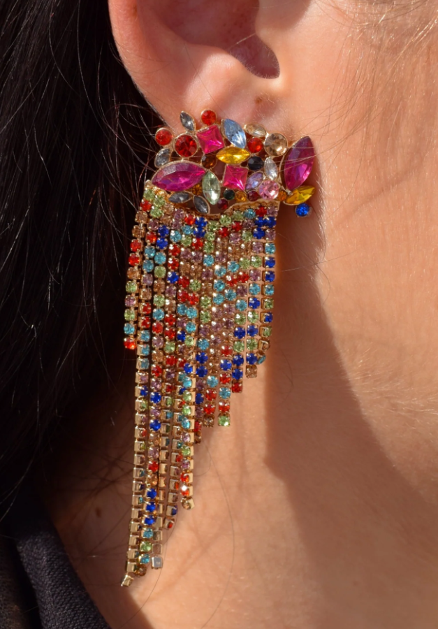 Elegant multicolor rhinestone chandelier earrings showcasing a stunning design with sparkling stones and a sophisticated silhouette.