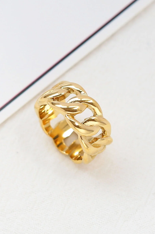 Elegant gold color chain link ring, ART2110, made of stainless steel, showcasing a modern design.