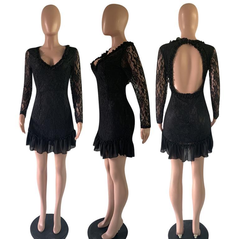 Elegant black A-line dress with ruffle patchwork and long sleeves, perfect for spring outings.