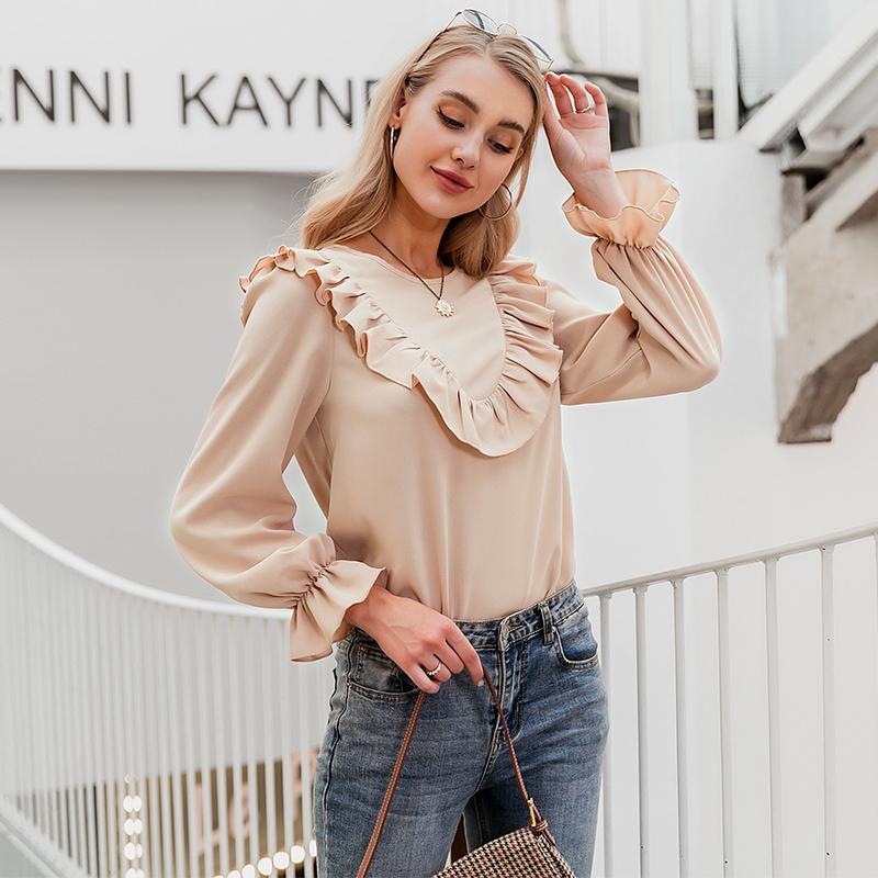 Elegant ruffled o-neck women blouse shirt with puff sleeves in solid color, perfect for autumn wear.