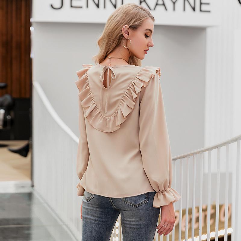 Elegant ruffled o-neck women blouse shirt with puff sleeves in solid color, perfect for autumn wear.