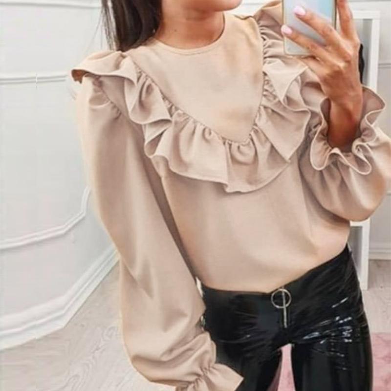 Elegant ruffled o-neck women blouse shirt with puff sleeves in solid color, perfect for autumn wear.