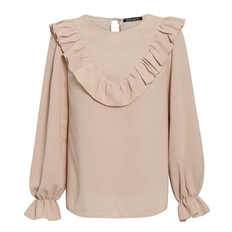 Elegant ruffled o-neck women blouse shirt with puff sleeves in solid color, perfect for autumn wear.