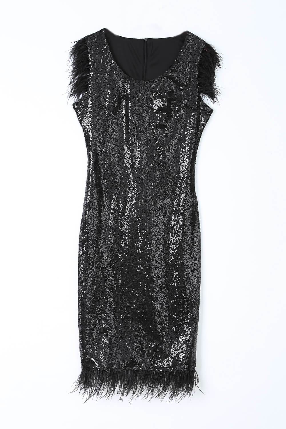 Elegant Little Black Dress featuring sequins and feather details on shoulders and hemline, perfect for special occasions.