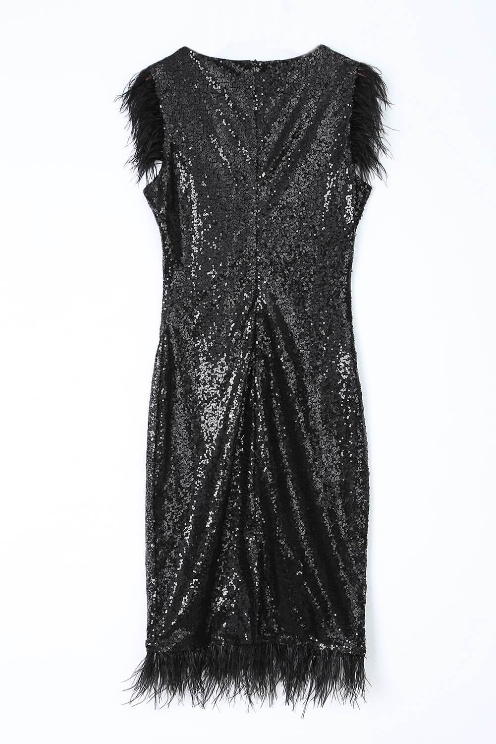 Elegant Little Black Dress featuring sequins and feather details on shoulders and hemline, perfect for special occasions.