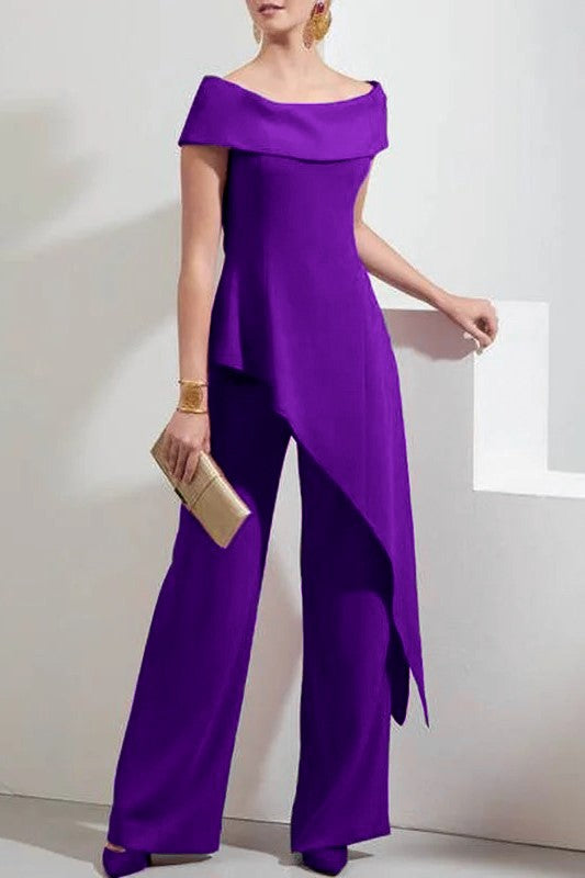 Elegant purple asymmetrical top and loose trousers set, showcasing a bateau neckline and elastic waist for comfort.