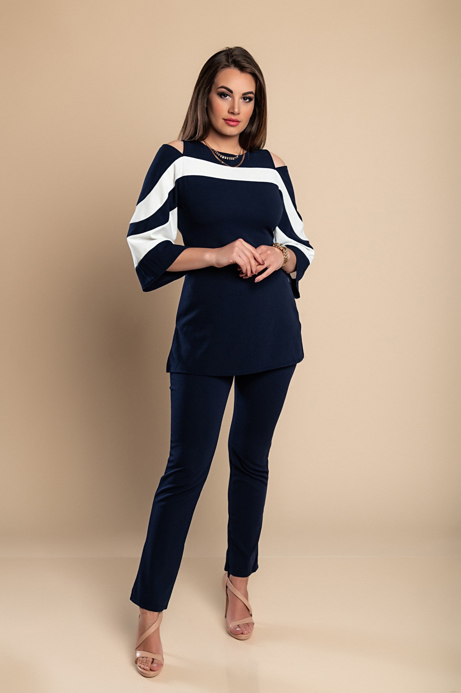 Elegant dark blue top and pants set featuring a round neckline, off-the-shoulder design, and 3/4 bell sleeves, made from soft fabric.