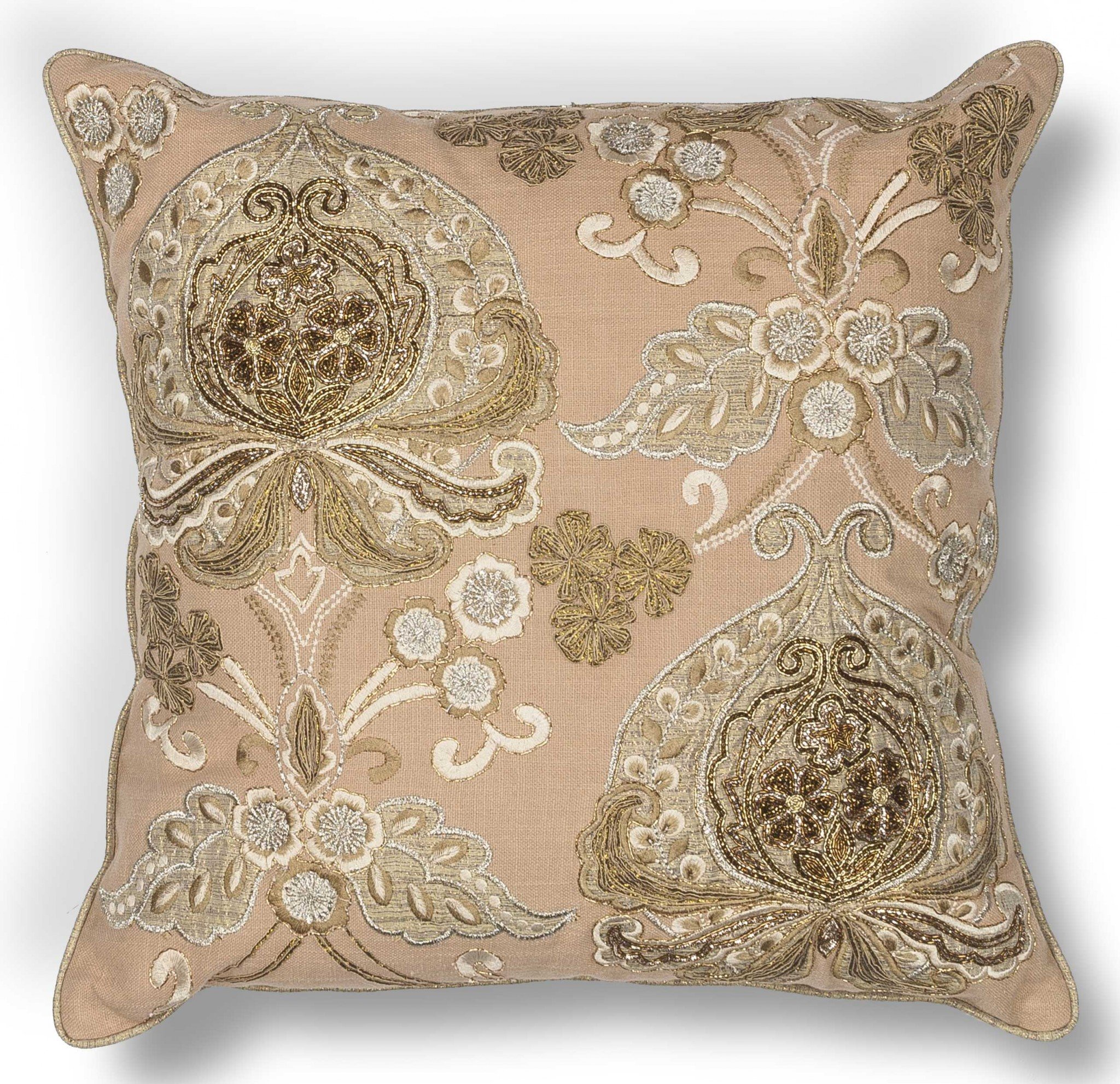 Elegant Square Blush Gold Embroidered Accent Pillow with floral design and gold piped edges, showcasing its luxurious texture and craftsmanship.