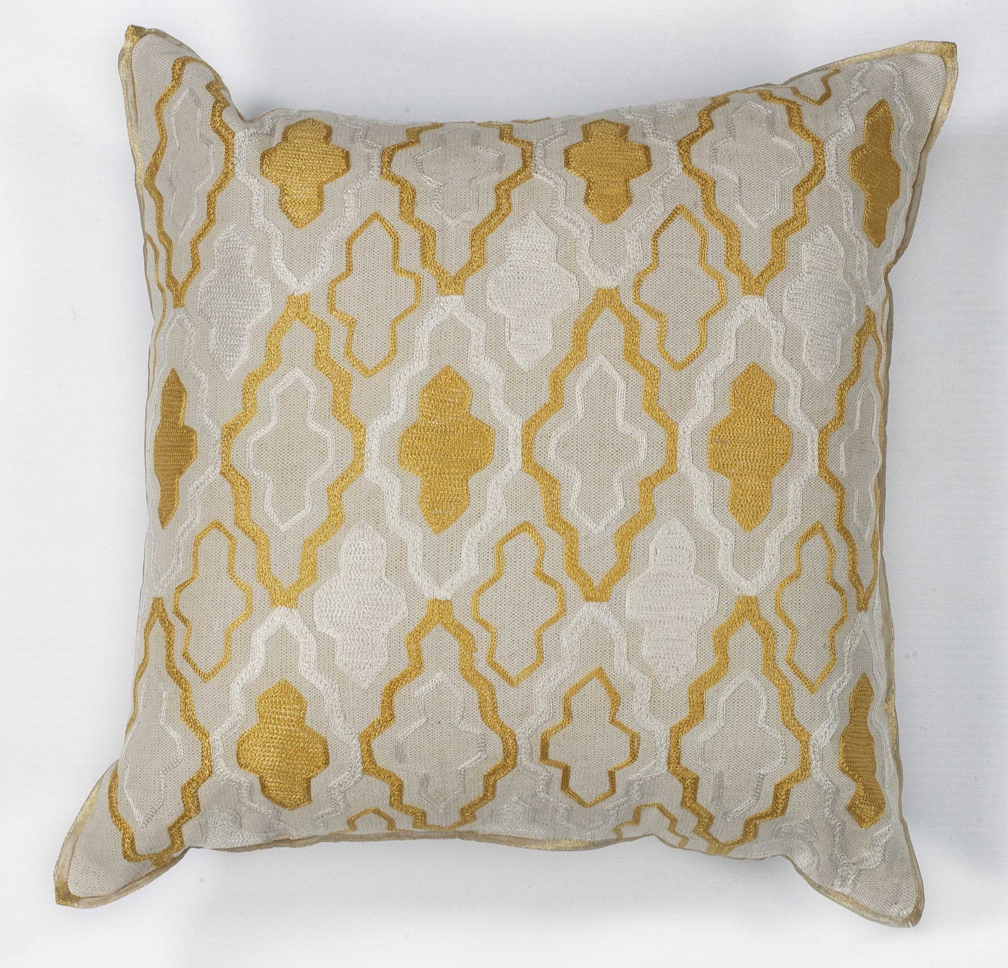 Elegant square pillow in ivory and yellow gold with embroidered front and hidden zipper closure, perfect for home decor.