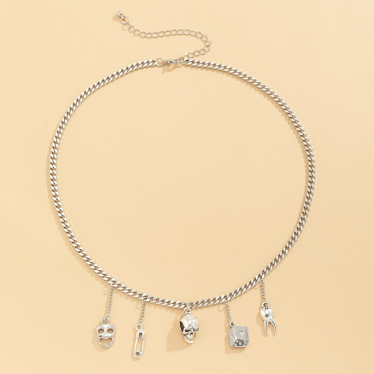 Elegant thin silver necklace featuring various shaped pendants, perfect for enhancing any outfit.