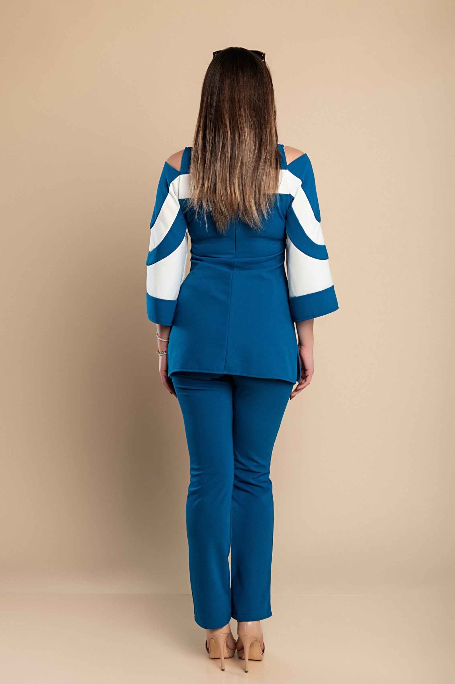 Elegant petrol top and pants set featuring a two-color design, off-the-shoulder neckline, and 3/4 bell sleeves, made in Italy.