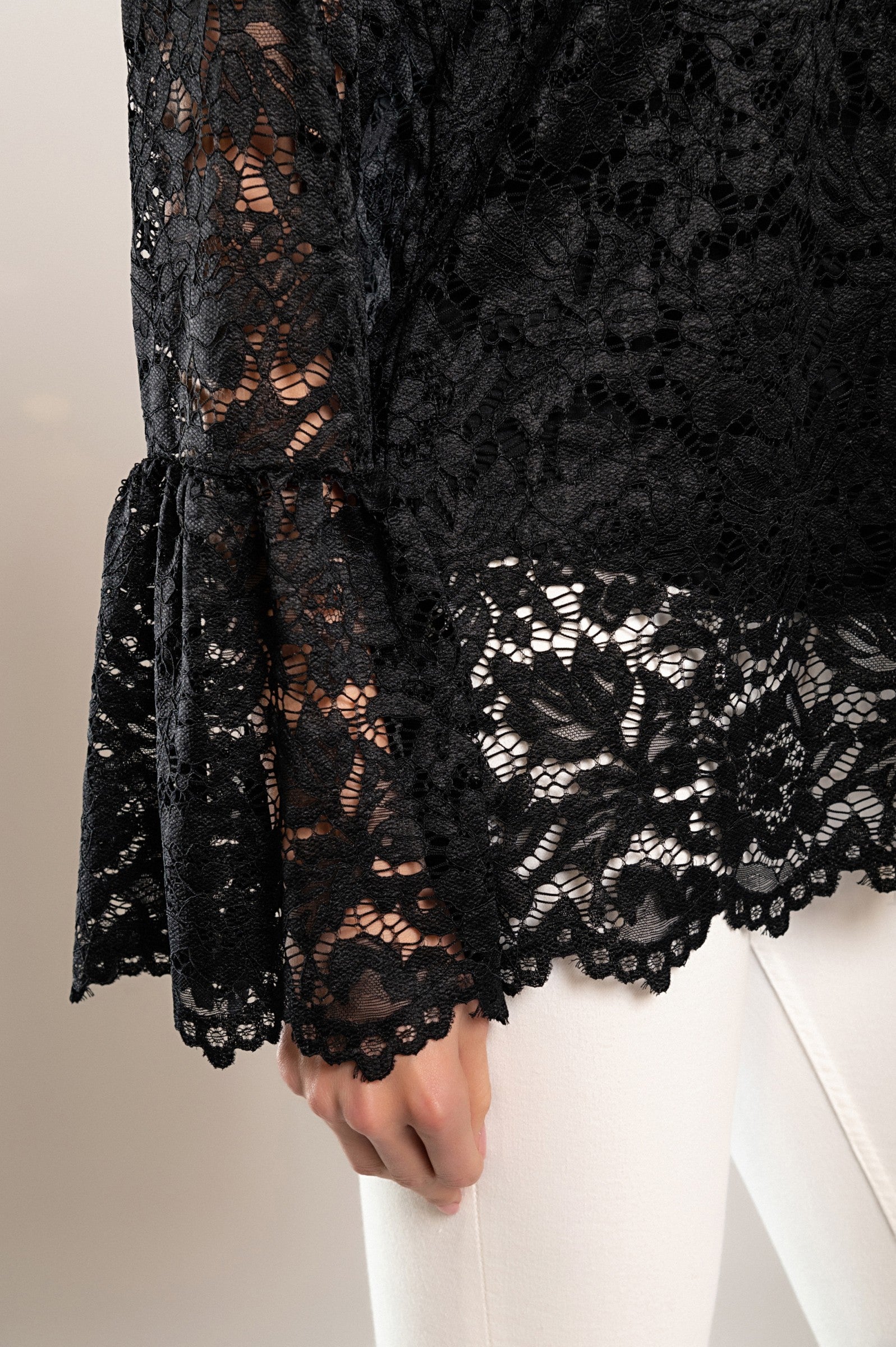 Elegant black transparent lace blouse with long sleeves and round neckline, showcasing delicate lace details.