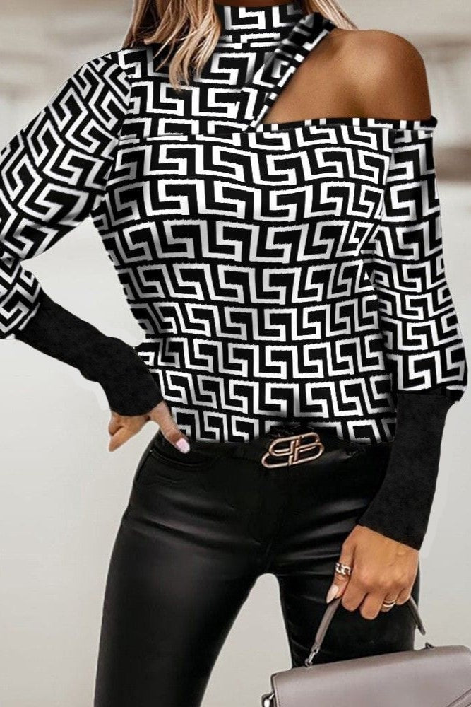 Elegant T-shirt featuring a geometric print and asymmetric neckline, showcasing long sleeves and a stylish off-the-shoulder design.