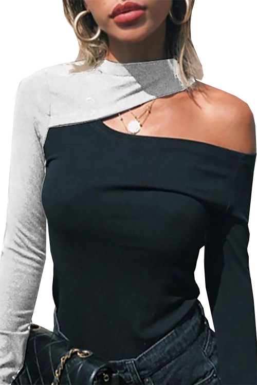 Elegant white turtleneck shirt Noeme with asymmetric neckline and shiny off-white collar, made of high-quality cotton and elastane.