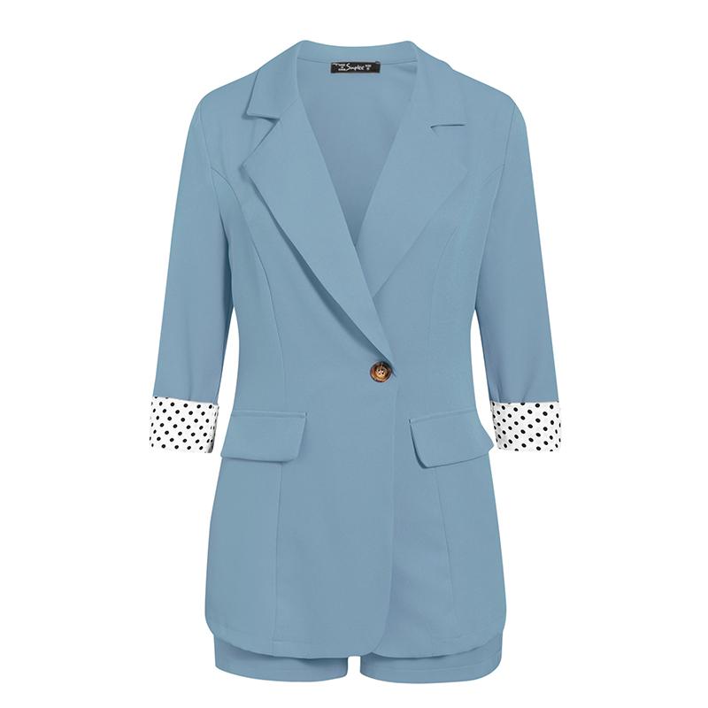 Elegant two-piece women blazer suit featuring polka dots, single button closure, and button pockets, ideal for office wear.