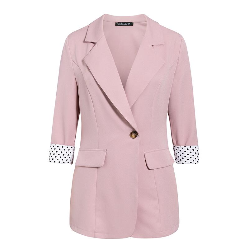 Elegant two-piece women blazer suit featuring polka dots, single button closure, and button pockets, ideal for office wear.