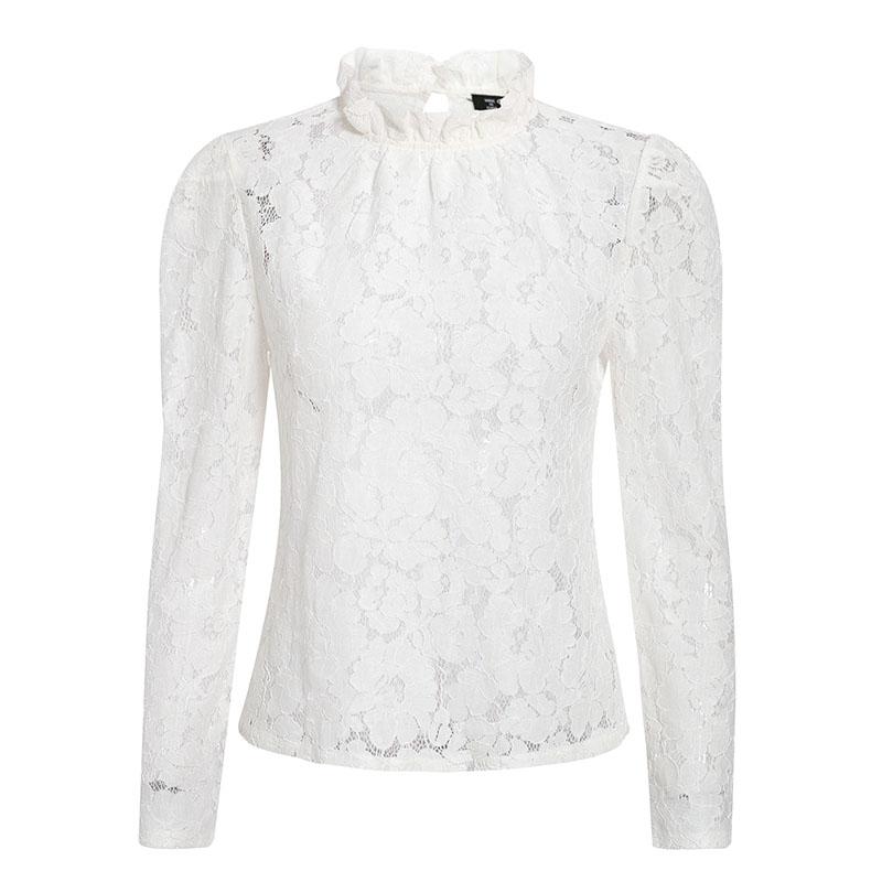 Elegant white lace blouse for women with puff sleeves and O-neck collar, perfect for office and party wear.