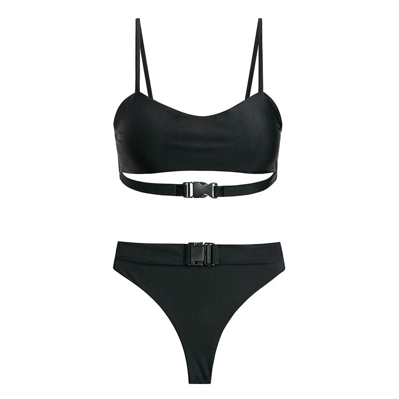 The Elena swimsuit featuring a bold two-piece design with mesh accents, showcasing a high waisted bottom and stylish buckles.