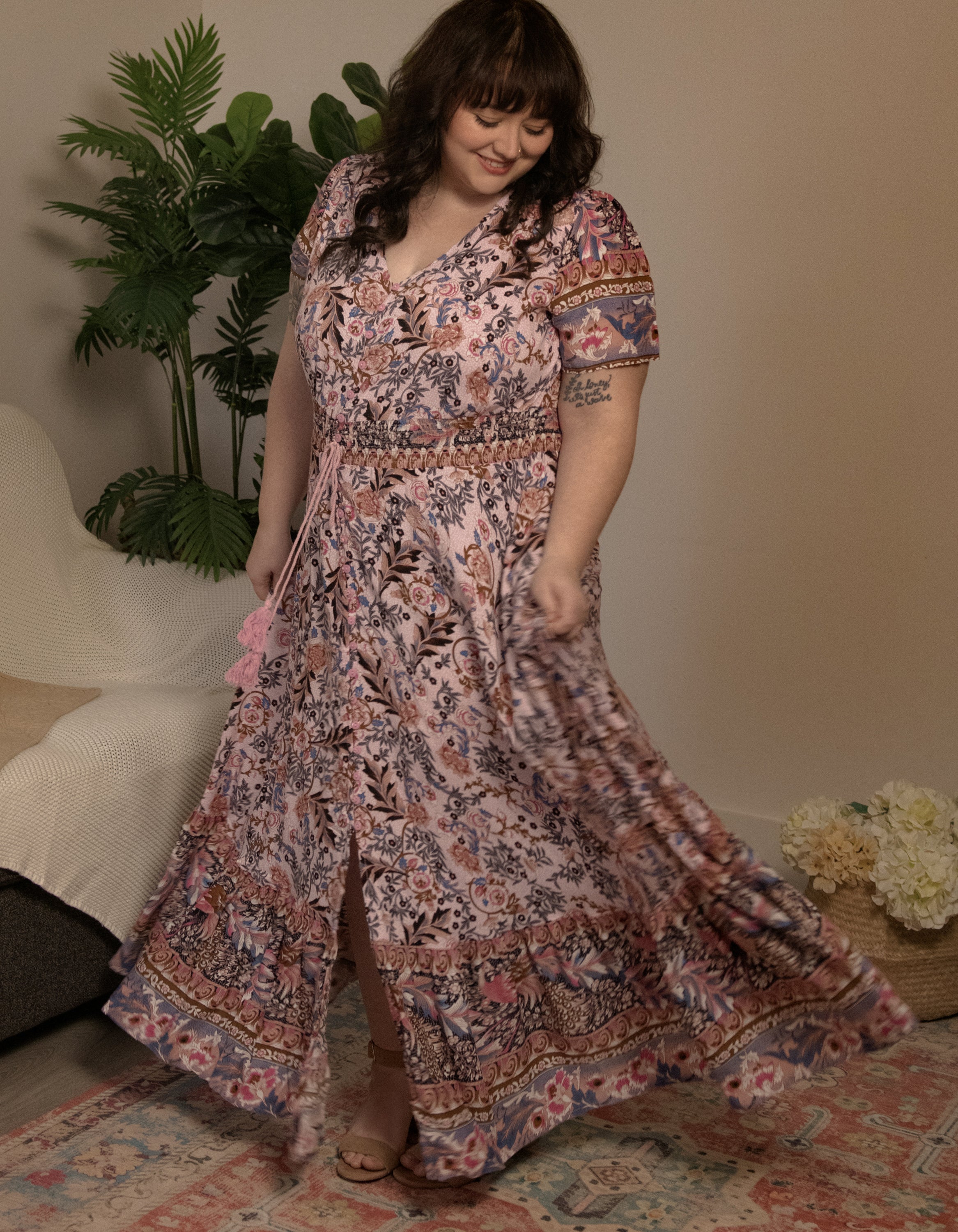 Elise Maxi Dress featuring a vintage floral bohemian print in pink and blue hues, with a V-neckline and short sleeves.