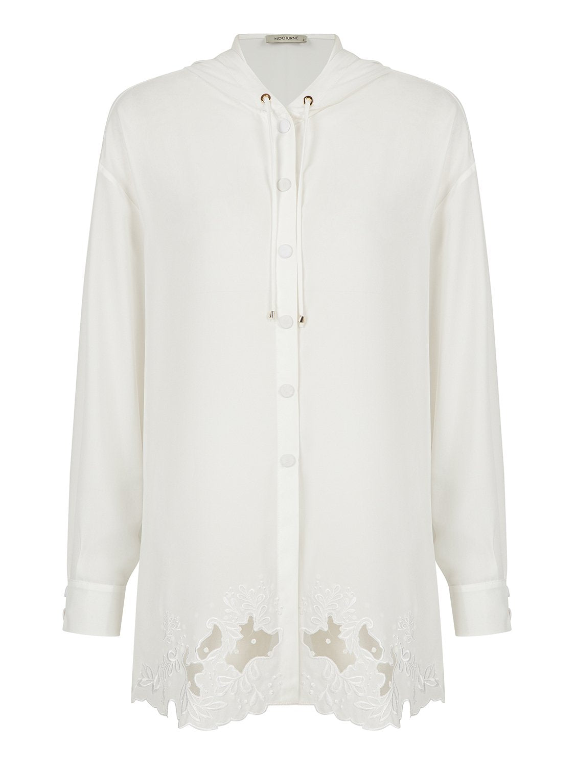 Embroidered hooded top featuring long sleeves, cuffs, and snap button closure with elegant embroidery detail at the hem.