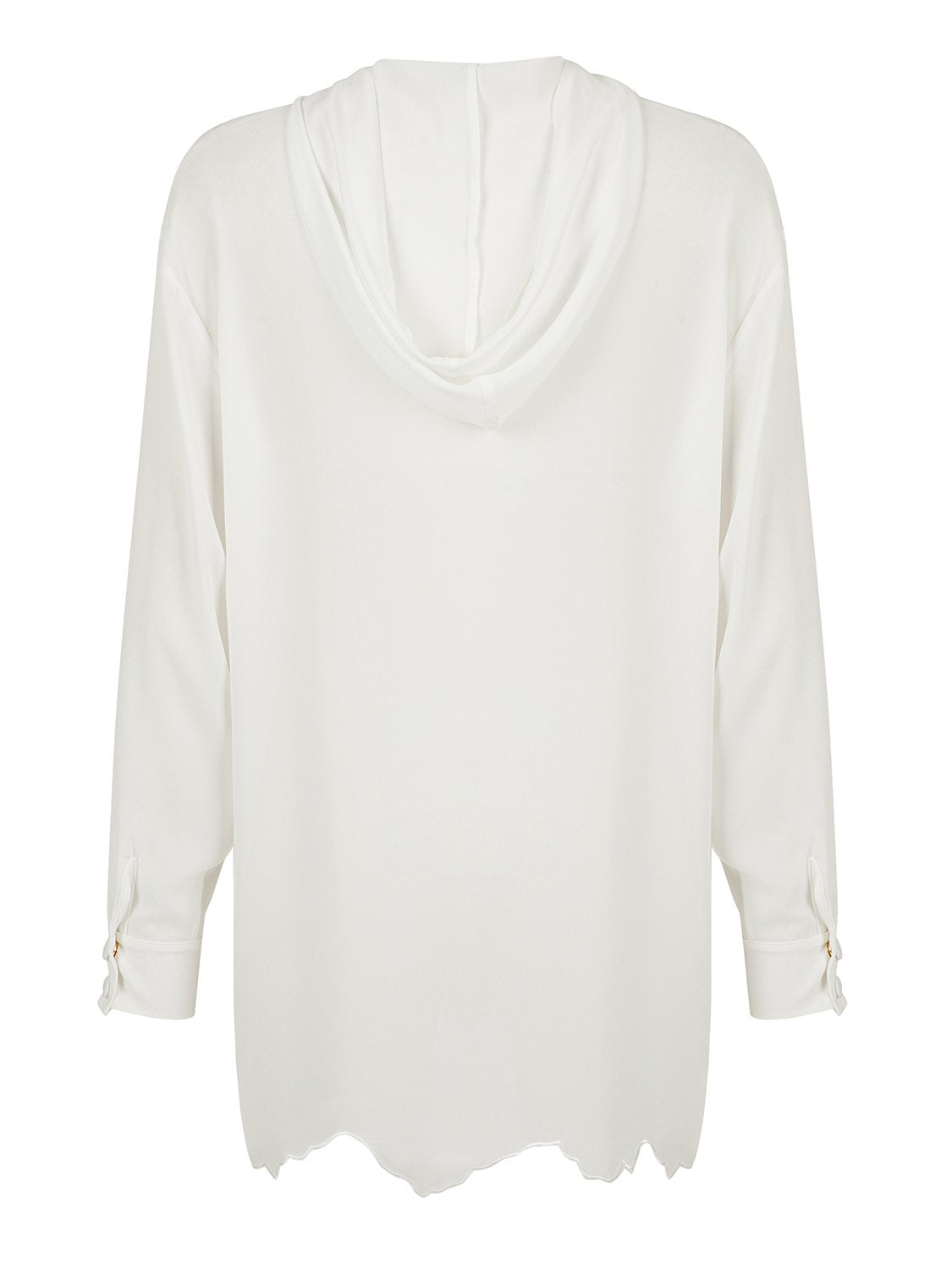 Embroidered hooded top featuring long sleeves, cuffs, and snap button closure with elegant embroidery detail at the hem.