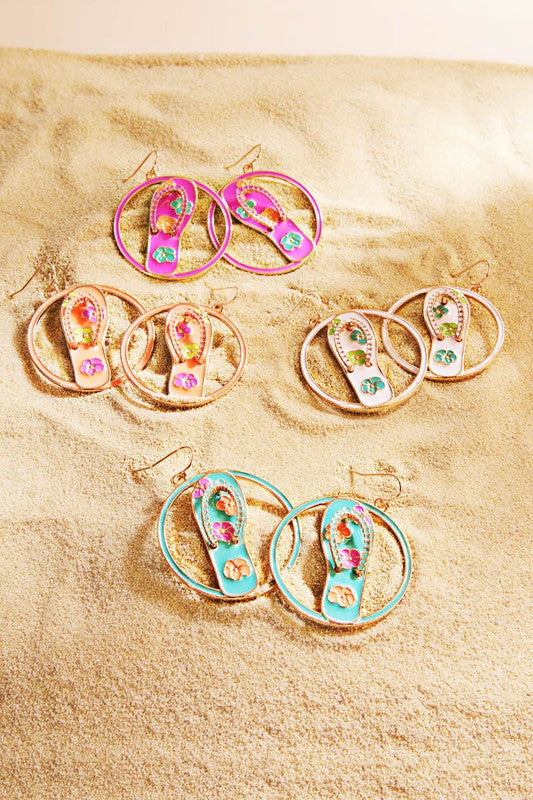 Colorful enamel flip flop earrings with a 2-inch drop length, perfect for summer wear.