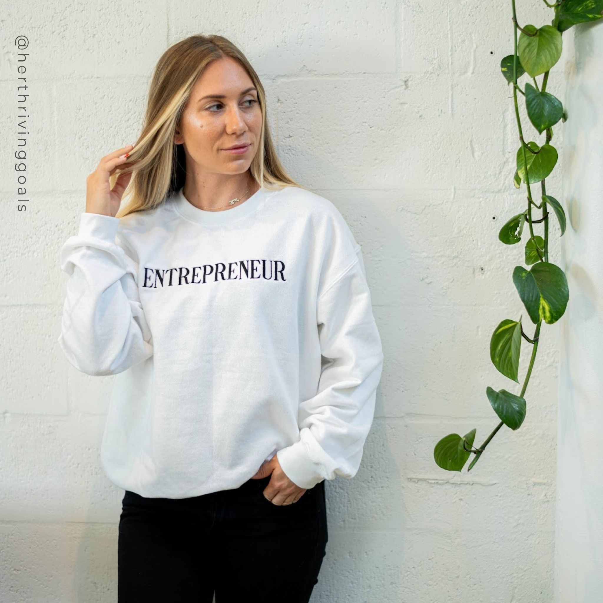 White Entrepreneur Embroidered Sweatshirt showcasing stylish embroidery and comfortable crewneck design.