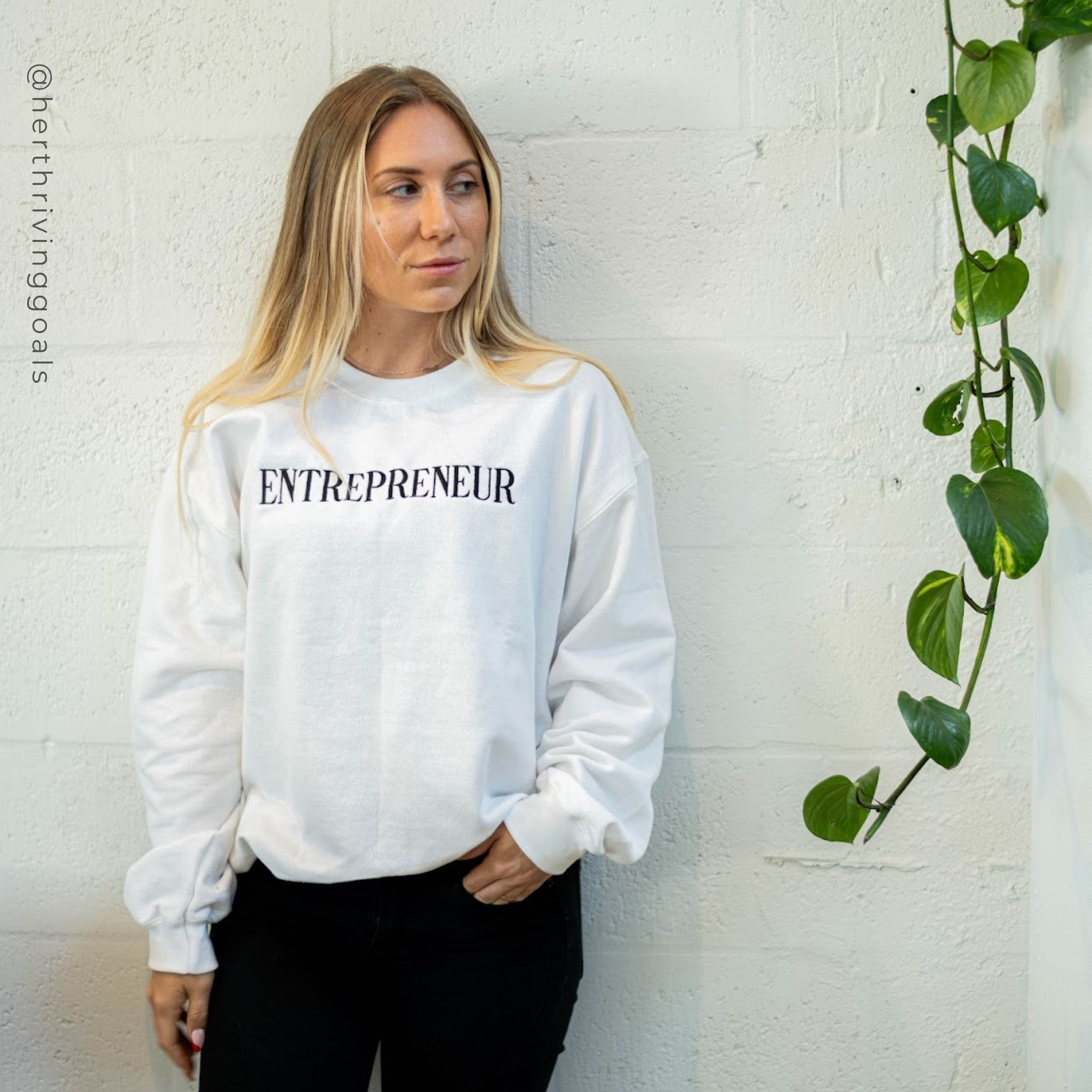 White Entrepreneur Embroidered Sweatshirt showcasing stylish embroidery and comfortable crewneck design.