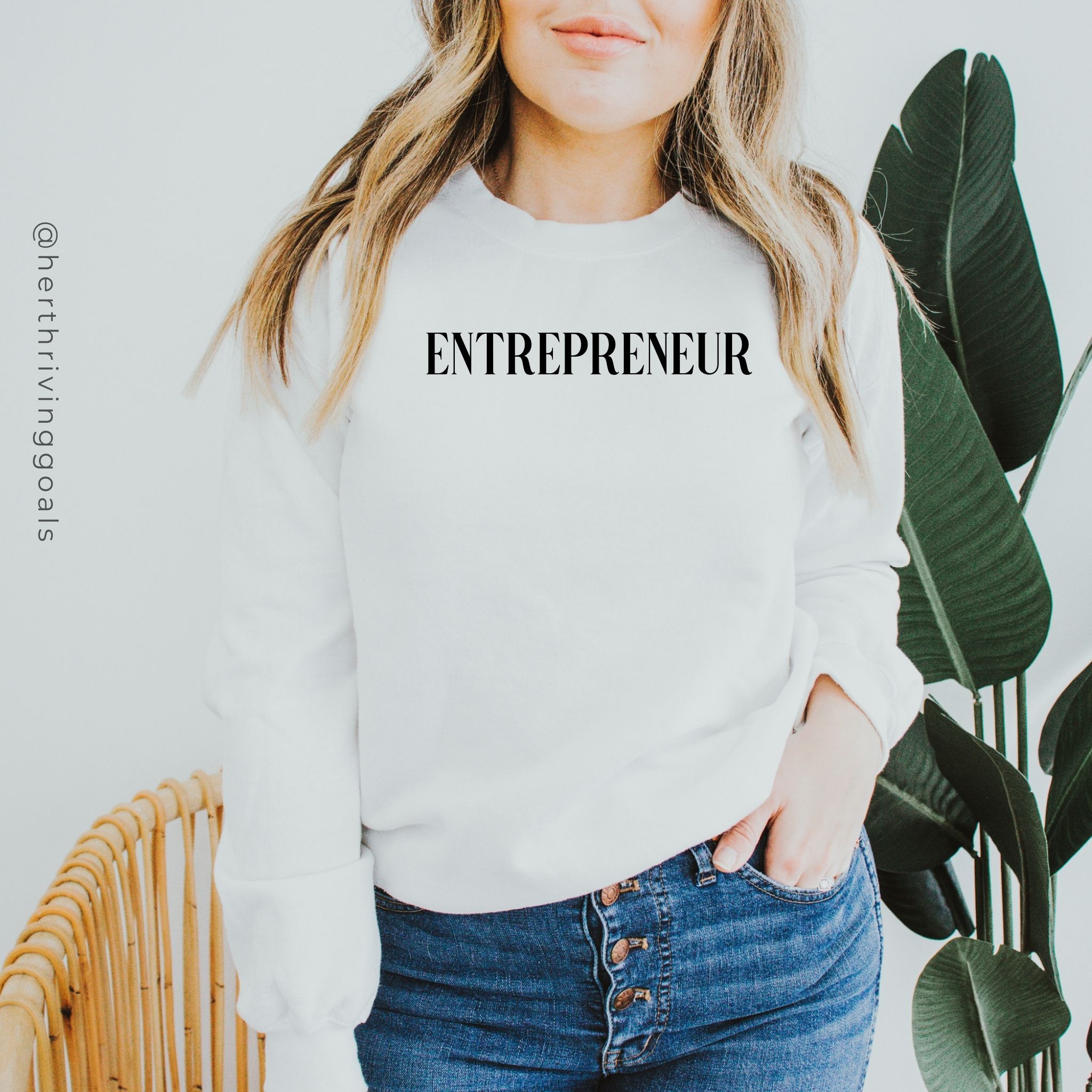 White Entrepreneur Embroidered Sweatshirt showcasing stylish embroidery and comfortable crewneck design.