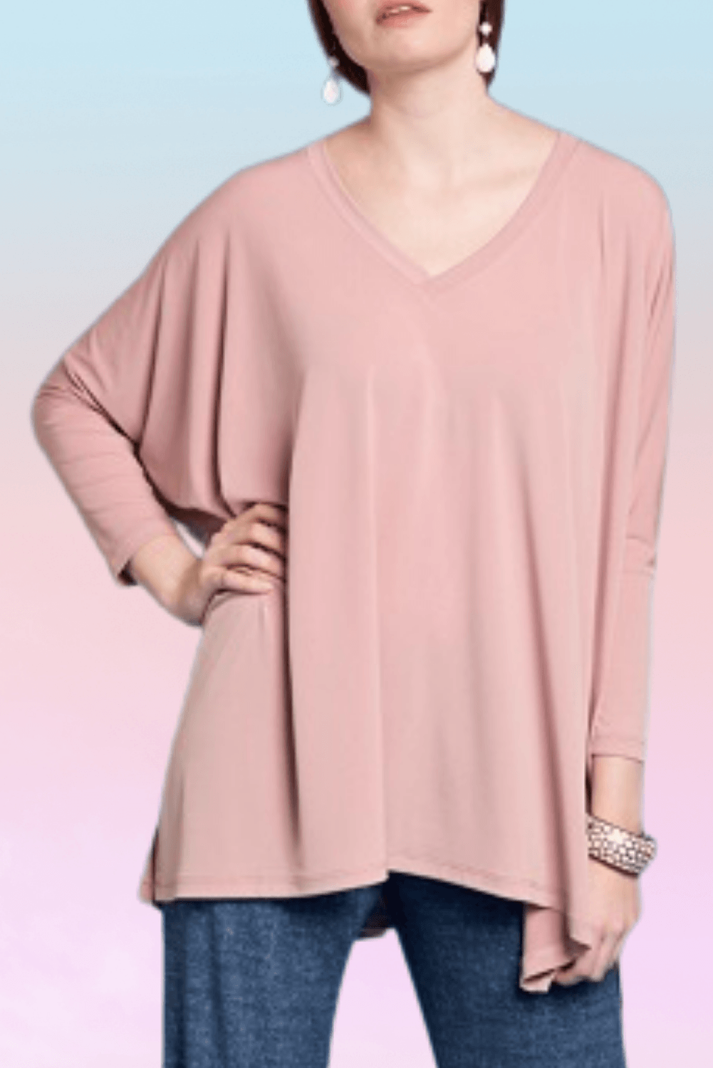 Essential V-Neck Tunic in soft stretchy jersey fabric, featuring a feminine V-neck design, perfect for all body shapes.