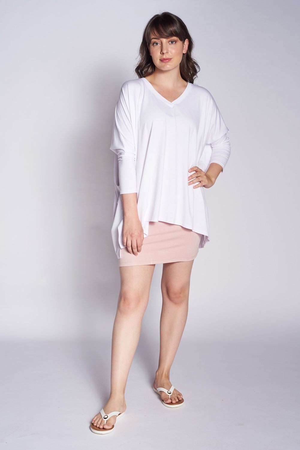 Essential V-Neck Tunic in soft stretchy jersey fabric, featuring a feminine V-neck design, perfect for all body shapes.