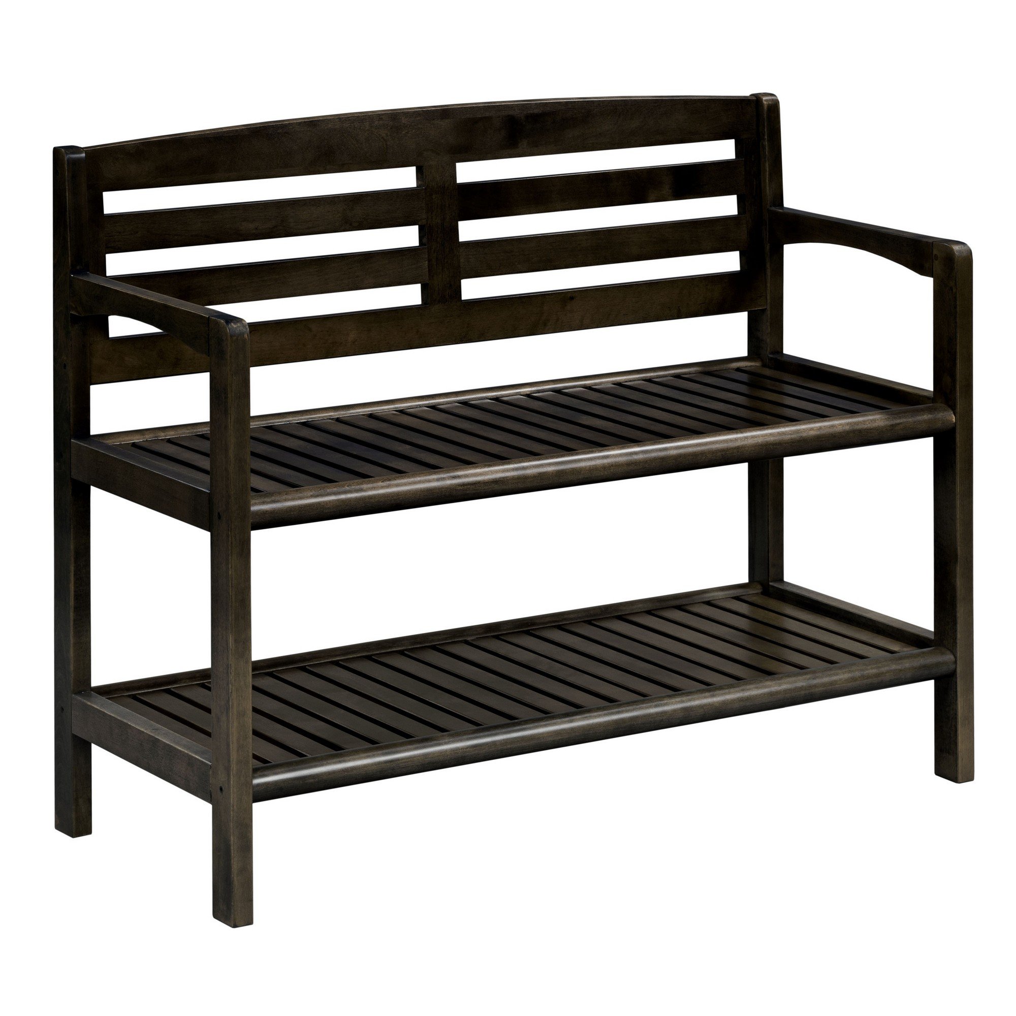 Espresso Finish Solid Wood Slat Bench with High Back and Shelf, showcasing its elegant design and sturdy construction.