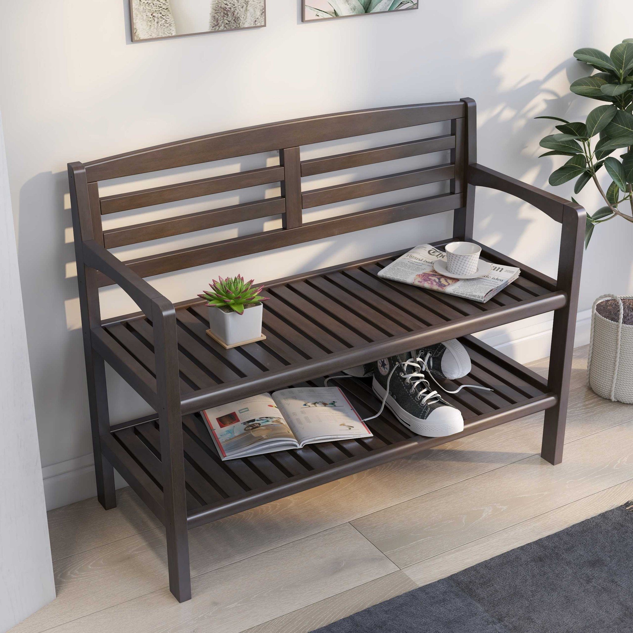 Espresso Finish Solid Wood Slat Bench with High Back and Shelf, showcasing its elegant design and sturdy construction.