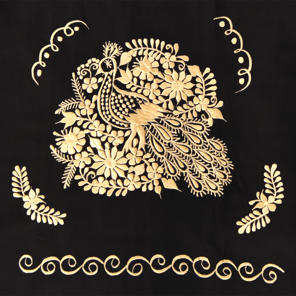 A beautiful Ethnic Folk Golden Embroidered Mexican Dress featuring intricate golden floral embroidery, showcasing its unique artisan craftsmanship.