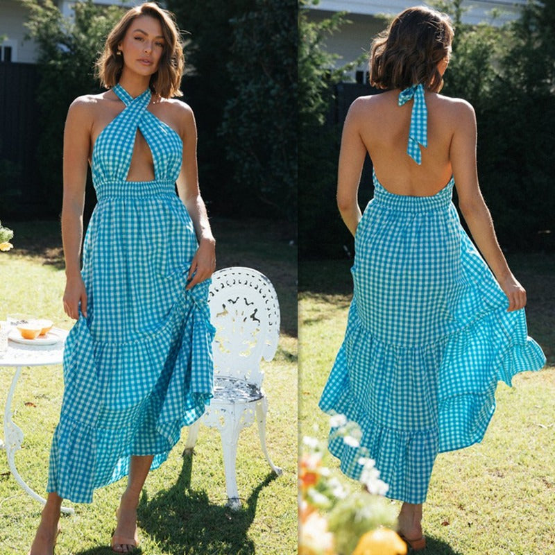 European and American Summer Cross Neck Lace Up Open Back Swing Dress showcasing its stylish design and comfortable fabric.