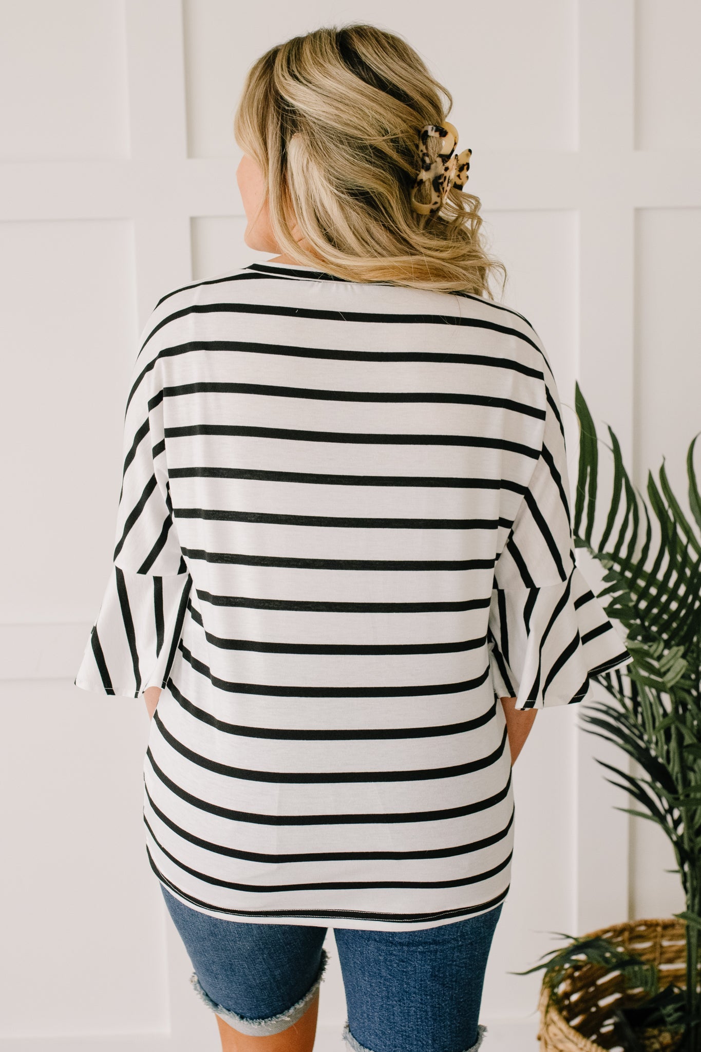 Every Direction Top in White featuring a striped design, round neckline, and bell sleeves, perfect for casual or dressy occasions.