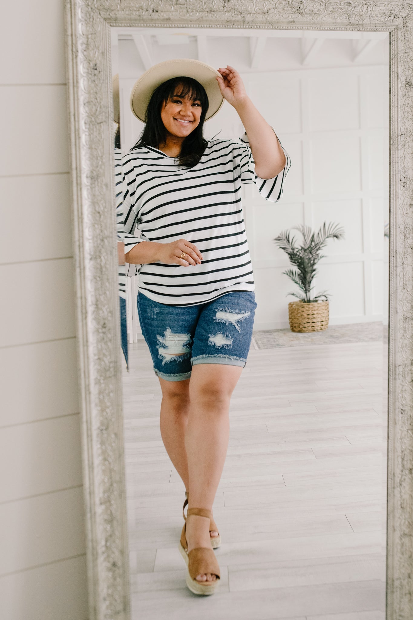 Every Direction Top in White featuring a striped design, round neckline, and bell sleeves, perfect for casual or dressy occasions.