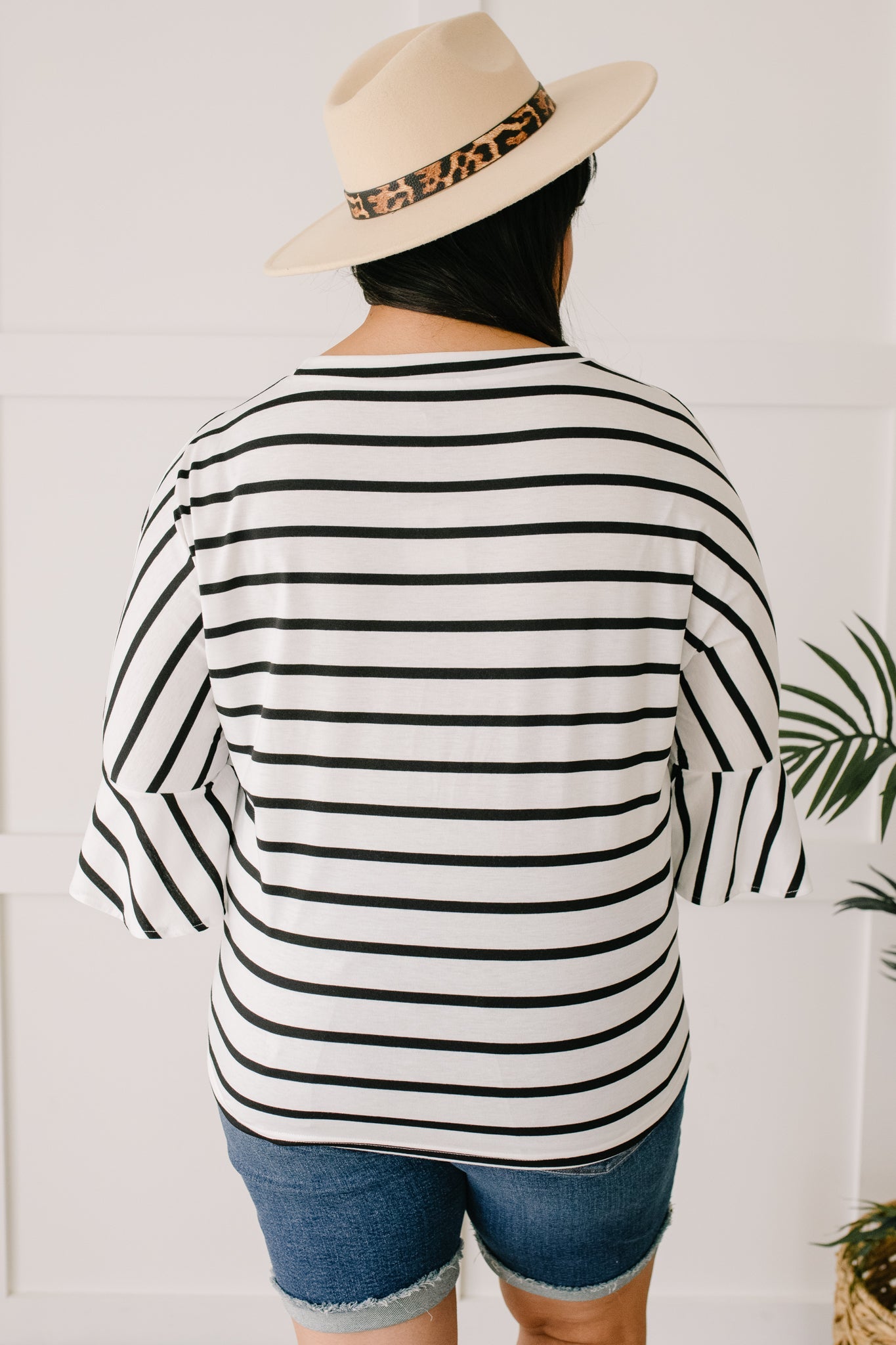 Every Direction Top in White featuring a striped design, round neckline, and bell sleeves, perfect for casual or dressy occasions.