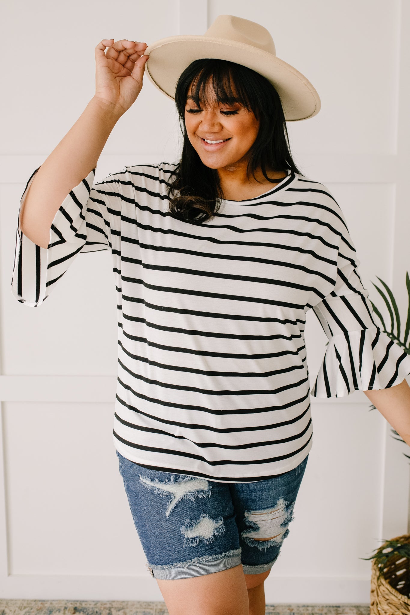 Every Direction Top in White featuring a striped design, round neckline, and bell sleeves, perfect for casual or dressy occasions.