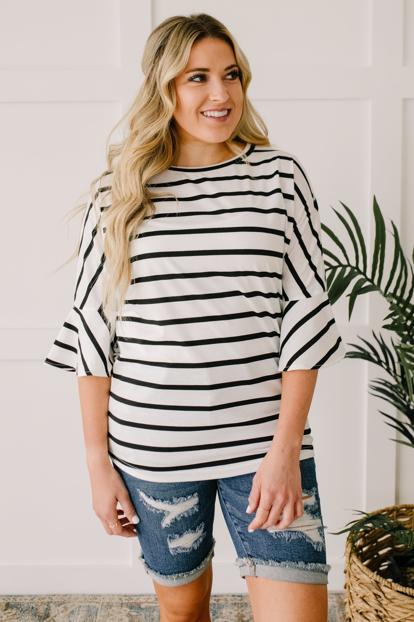 Every Direction Top in White featuring a striped design, round neckline, and bell sleeves, perfect for casual or dressy occasions.