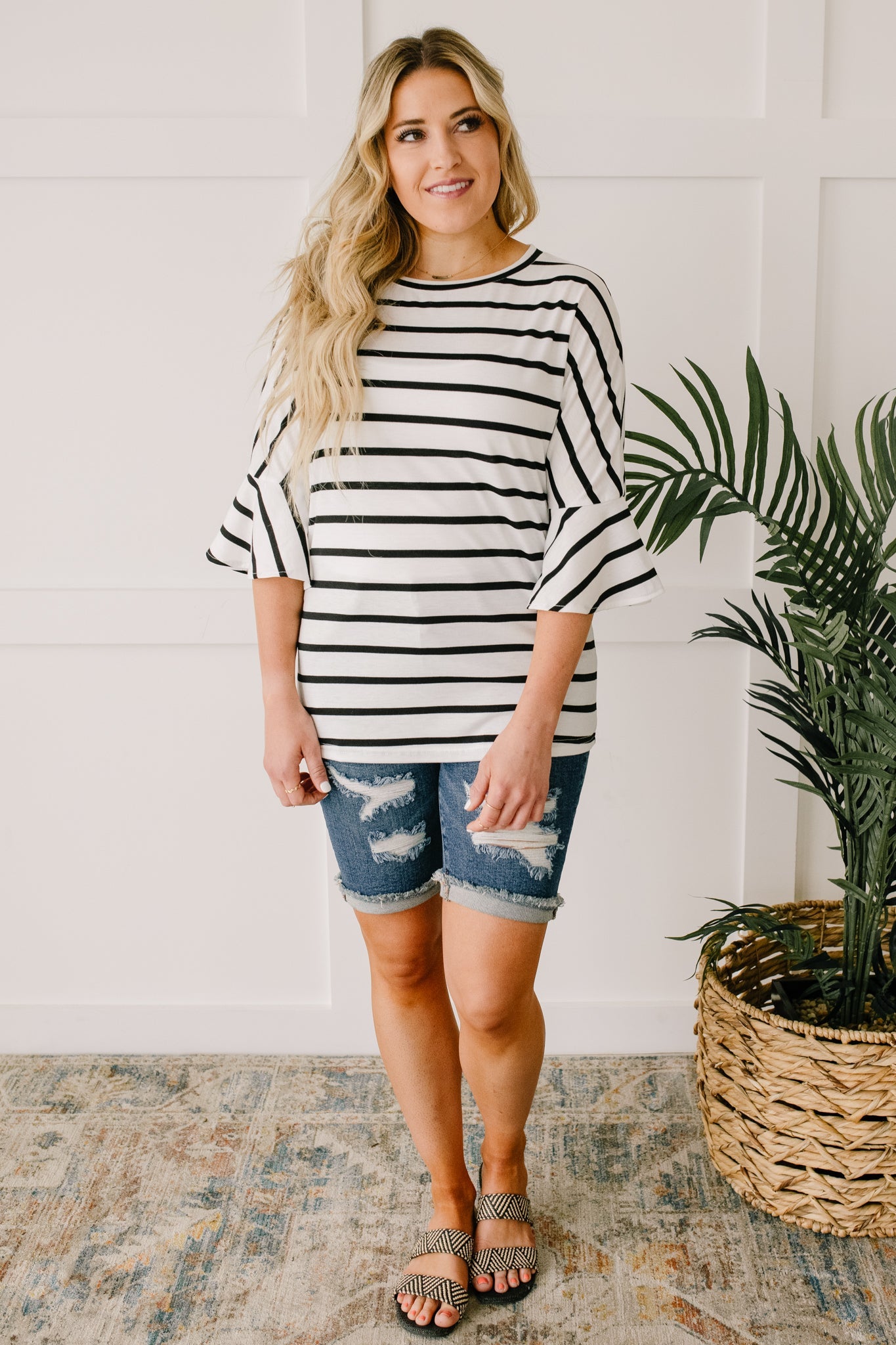 Every Direction Top in White featuring a striped design, round neckline, and bell sleeves, perfect for casual or dressy occasions.