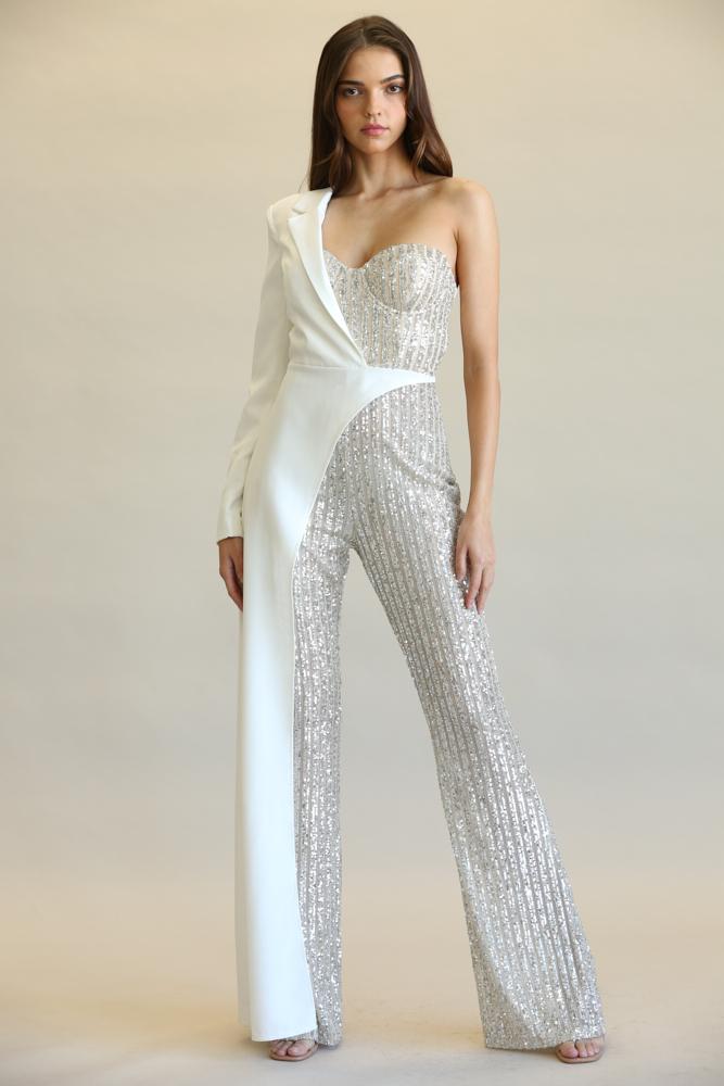 Evolet Striped Sequin Jumpsuit featuring a one-shoulder design, notched lapel collar, and half panel skirt, showcasing elegance and style.