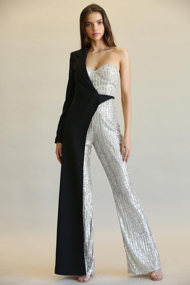 Evolet Striped Sequin Jumpsuit featuring a one-shoulder design, notched lapel collar, and half panel skirt, showcasing elegance and style.