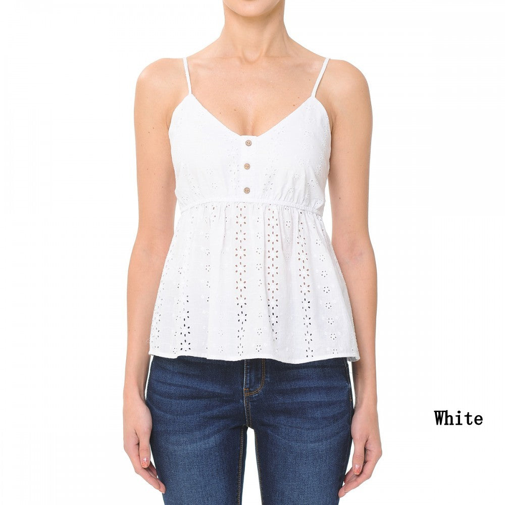 A stylish Eyelet V-neck Flounced Cami Top featuring a tiered silhouette and ruffled hem, perfect for summer wear.